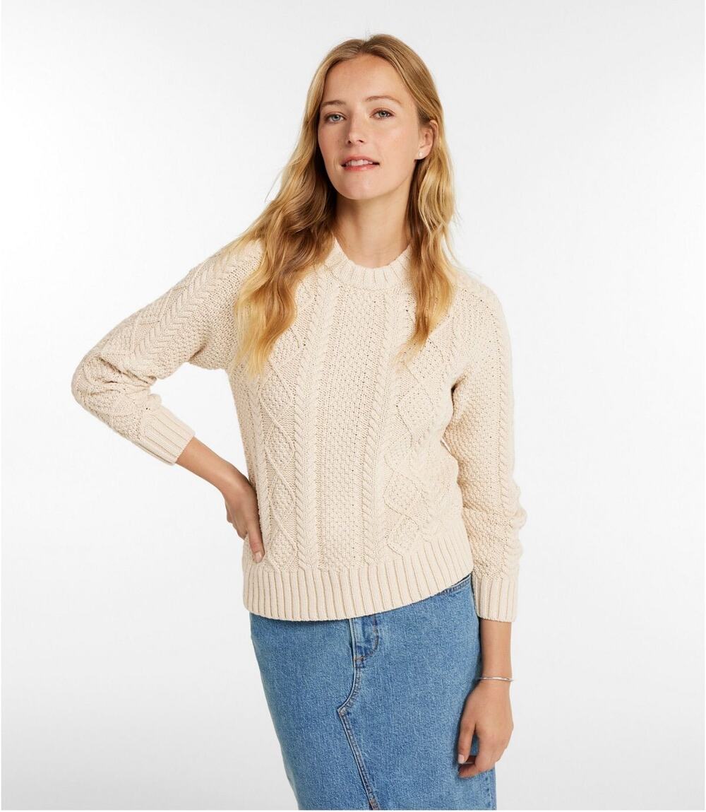 LL Bean Womens Signature 100% Cotton Fisherman Sweater Crewneck Beige Large